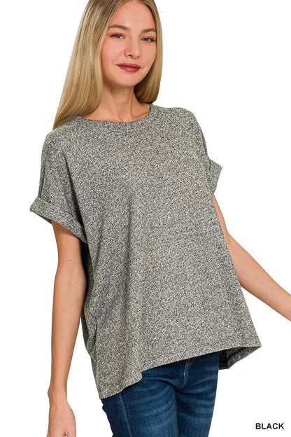 Zenana Soft Melange Hacci Short Sleeve Round Neck Top - Bitsy Gypsy Boutique