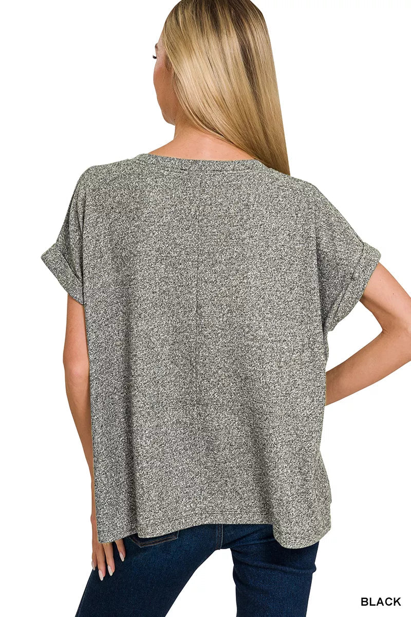 Zenana Soft Melange Hacci Short Sleeve Round Neck Top - Bitsy Gypsy Boutique