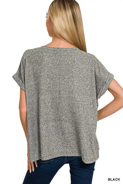Zenana Soft Melange Hacci Short Sleeve Round Neck Top - Bitsy Gypsy Boutique