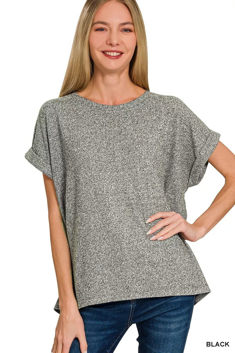 Zenana Soft Melange Hacci Short Sleeve Round Neck Top - Bitsy Gypsy Boutique