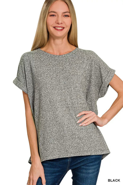 Zenana Soft Melange Hacci Short Sleeve Round Neck Top - Bitsy Gypsy Boutique