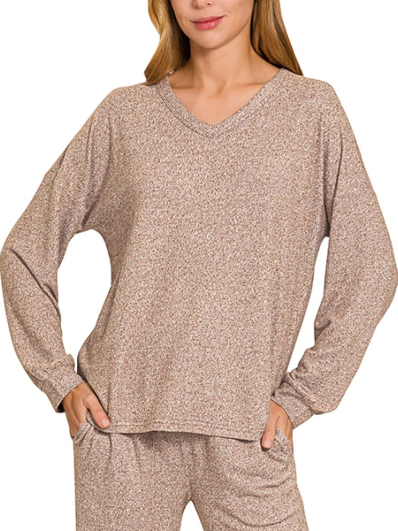 Zenana Soft Melange Long Sleeve Tee & Pants Set - Bitsy Gypsy Boutique