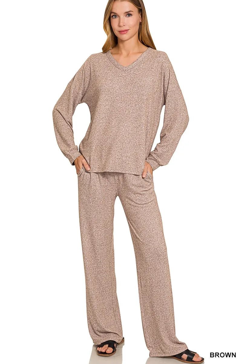 Zenana Soft Melange Long Sleeve Tee & Pants Set - Bitsy Gypsy Boutique