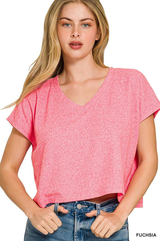 Zenana Soft Melange V - neck Drop Shoulder Cropped Top - Bitsy Gypsy Boutique