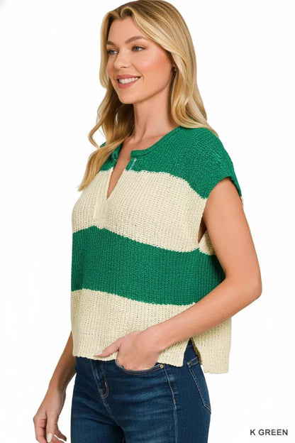 Zenana Split Neck Sleeveless Stripe Sweater - Bitsy Gypsy Boutique
