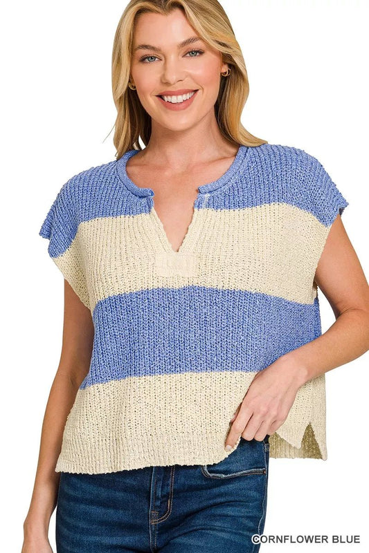 Zenana Split Neck Sleeveless Stripe Sweater - Bitsy Gypsy Boutique