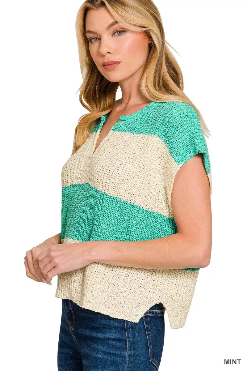 Zenana Split Neck Sleeveless Stripe Sweater - Bitsy Gypsy Boutique