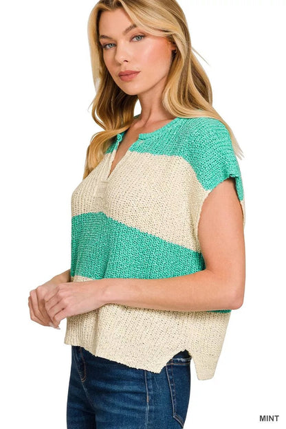 Zenana Split Neck Sleeveless Stripe Sweater - Bitsy Gypsy Boutique