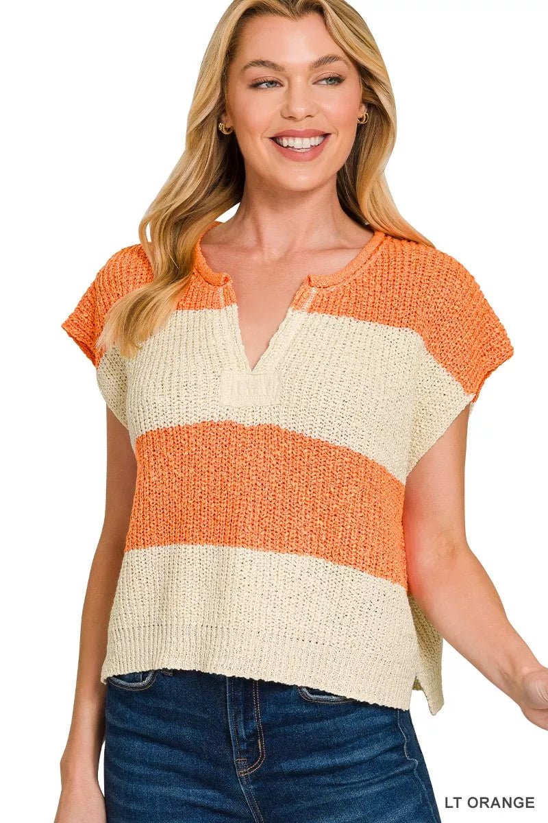Zenana Split Neck Sleeveless Stripe Sweater - Bitsy Gypsy Boutique