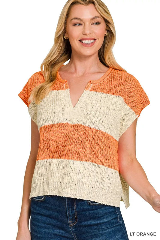 Zenana Split Neck Sleeveless Stripe Sweater - Bitsy Gypsy Boutique