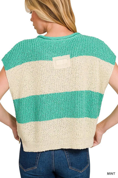 Zenana Split Neck Sleeveless Stripe Sweater - Bitsy Gypsy Boutique
