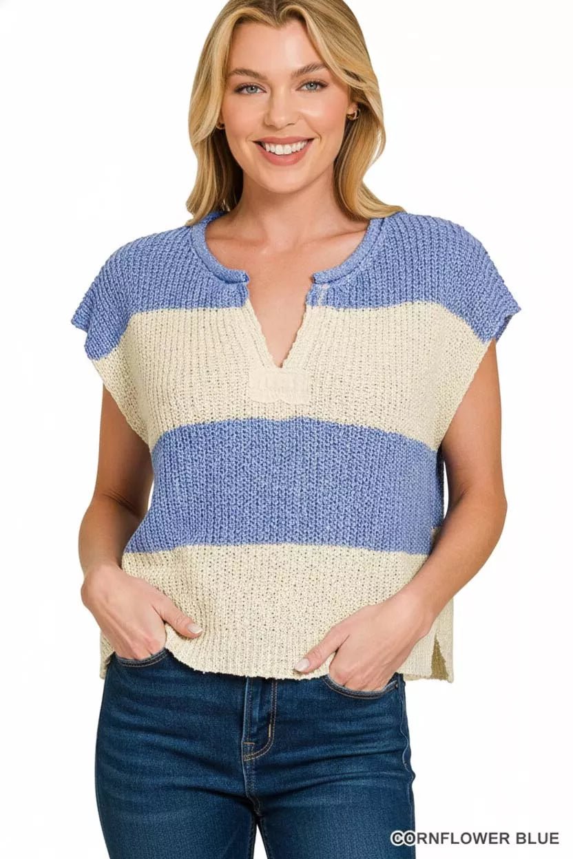 Zenana Split Neck Sleeveless Stripe Sweater - Bitsy Gypsy Boutique