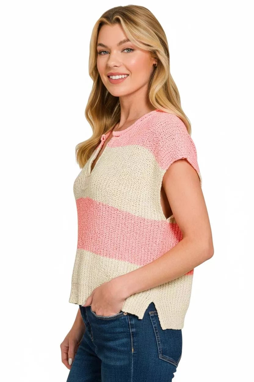 Zenana Split Neck Sleeveless Stripe Sweater - Bitsy Gypsy Boutique
