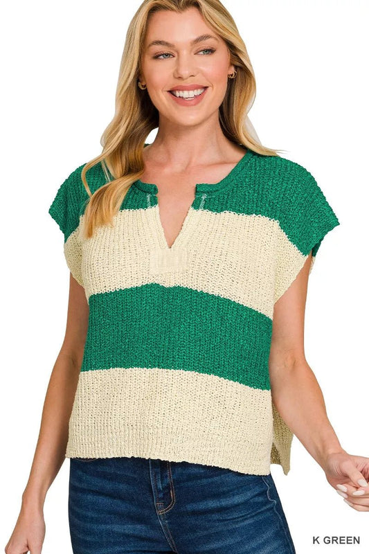 Zenana Split Neck Sleeveless Stripe Sweater - Bitsy Gypsy Boutique