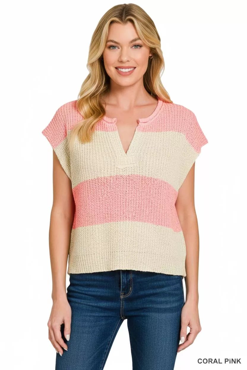 Zenana Split Neck Sleeveless Stripe Sweater - Bitsy Gypsy Boutique