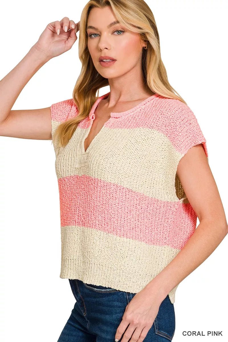 Zenana Split Neck Sleeveless Stripe Sweater - Bitsy Gypsy Boutique