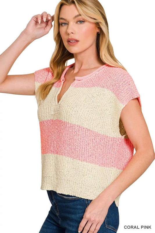 Zenana Split Neck Sleeveless Stripe Sweater - Bitsy Gypsy Boutique