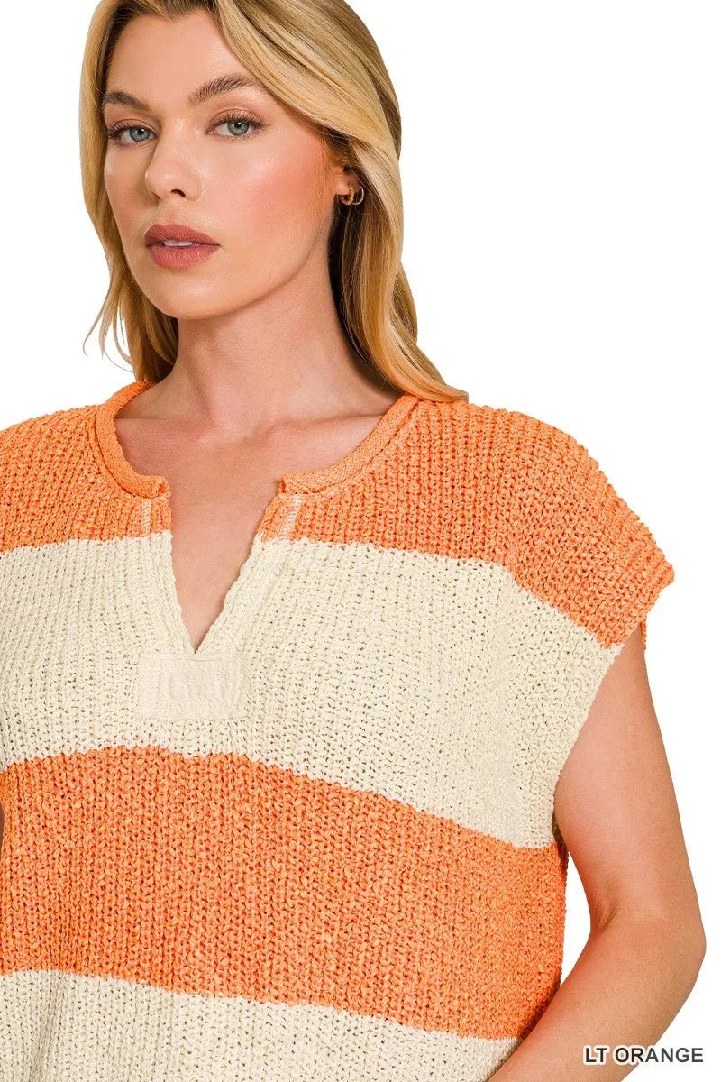 Zenana Split Neck Sleeveless Stripe Sweater - Bitsy Gypsy Boutique