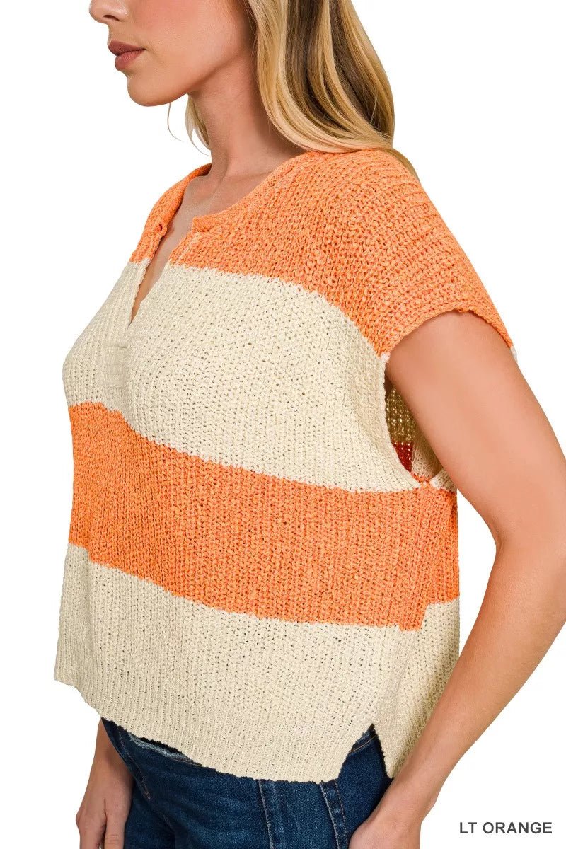 Zenana Split Neck Sleeveless Stripe Sweater - Bitsy Gypsy Boutique
