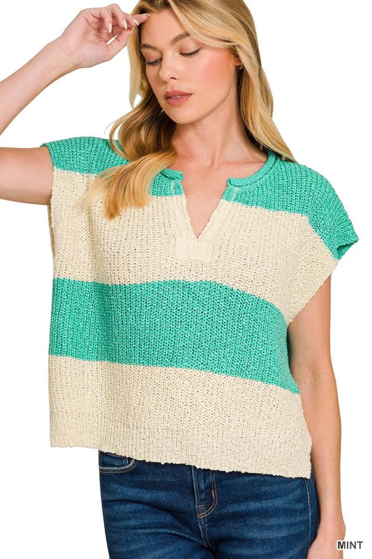 Zenana Split Neck Sleeveless Stripe Sweater - Bitsy Gypsy Boutique