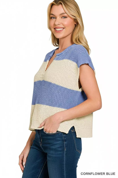 Zenana Split Neck Sleeveless Stripe Sweater - Bitsy Gypsy Boutique