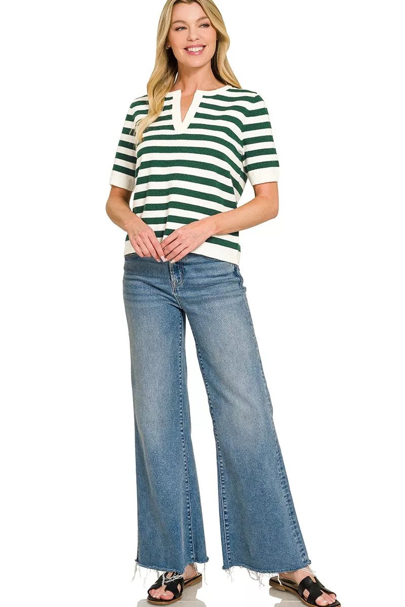 Zenana Split Neck Stripe Short Sleeve Sweater - Bitsy Gypsy Boutique