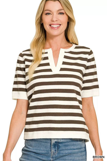 Zenana Split Neck Stripe Short Sleeve Sweater - Bitsy Gypsy Boutique