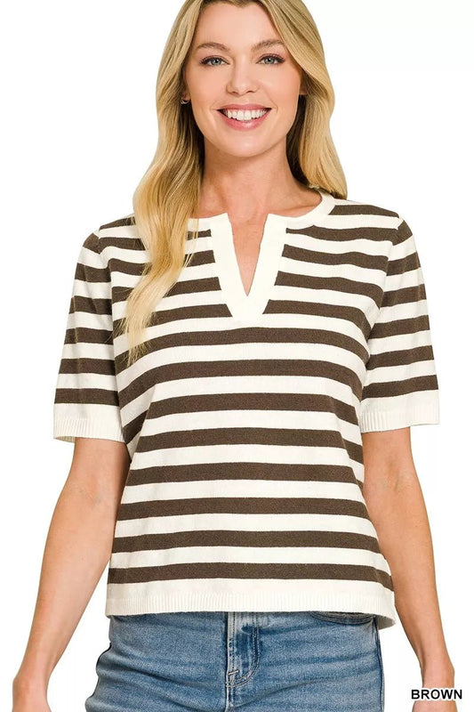 Zenana Split Neck Stripe Short Sleeve Sweater - Bitsy Gypsy Boutique