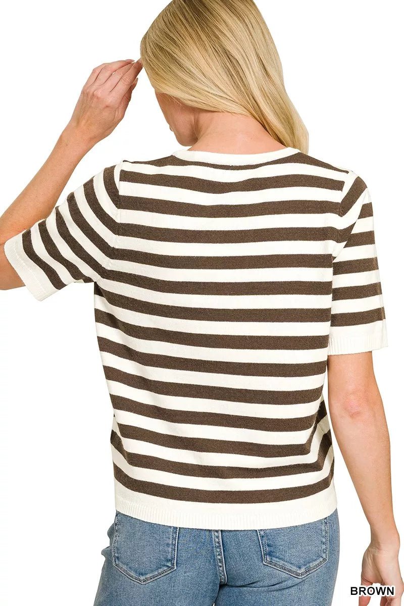 Zenana Split Neck Stripe Short Sleeve Sweater - Bitsy Gypsy Boutique