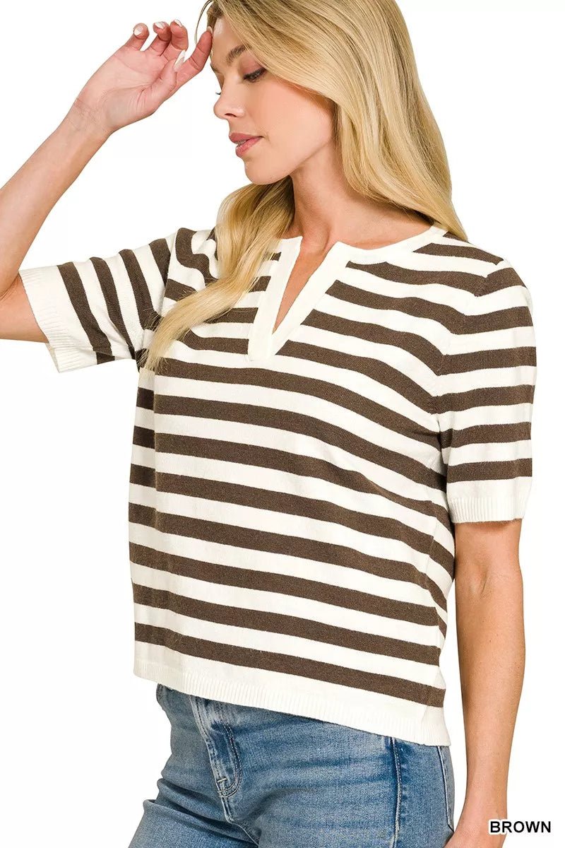 Zenana Split Neck Stripe Short Sleeve Sweater - Bitsy Gypsy Boutique