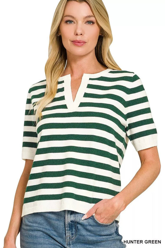 Zenana Split Neck Stripe Short Sleeve Sweater - Bitsy Gypsy Boutique