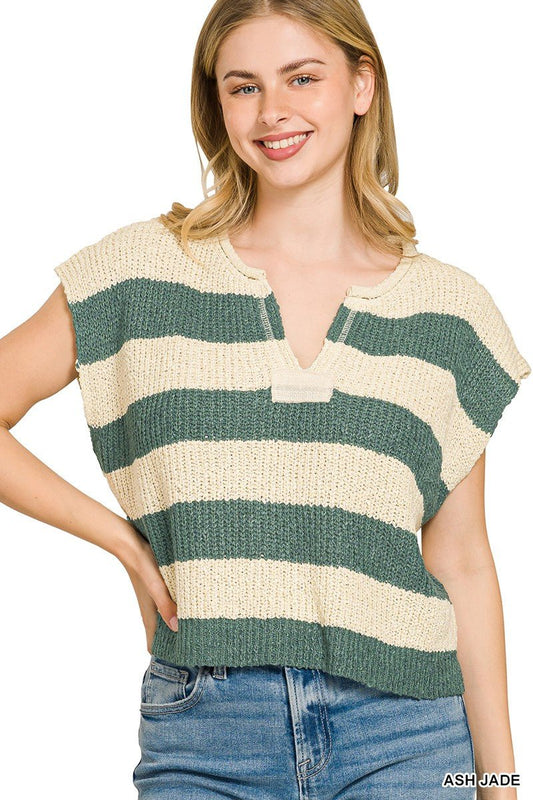 Zenana Split Neck Stripe Sleevless Sweater - Bitsy Gypsy Boutique