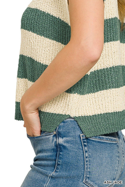 Zenana Split Neck Stripe Sleevless Sweater - Bitsy Gypsy Boutique