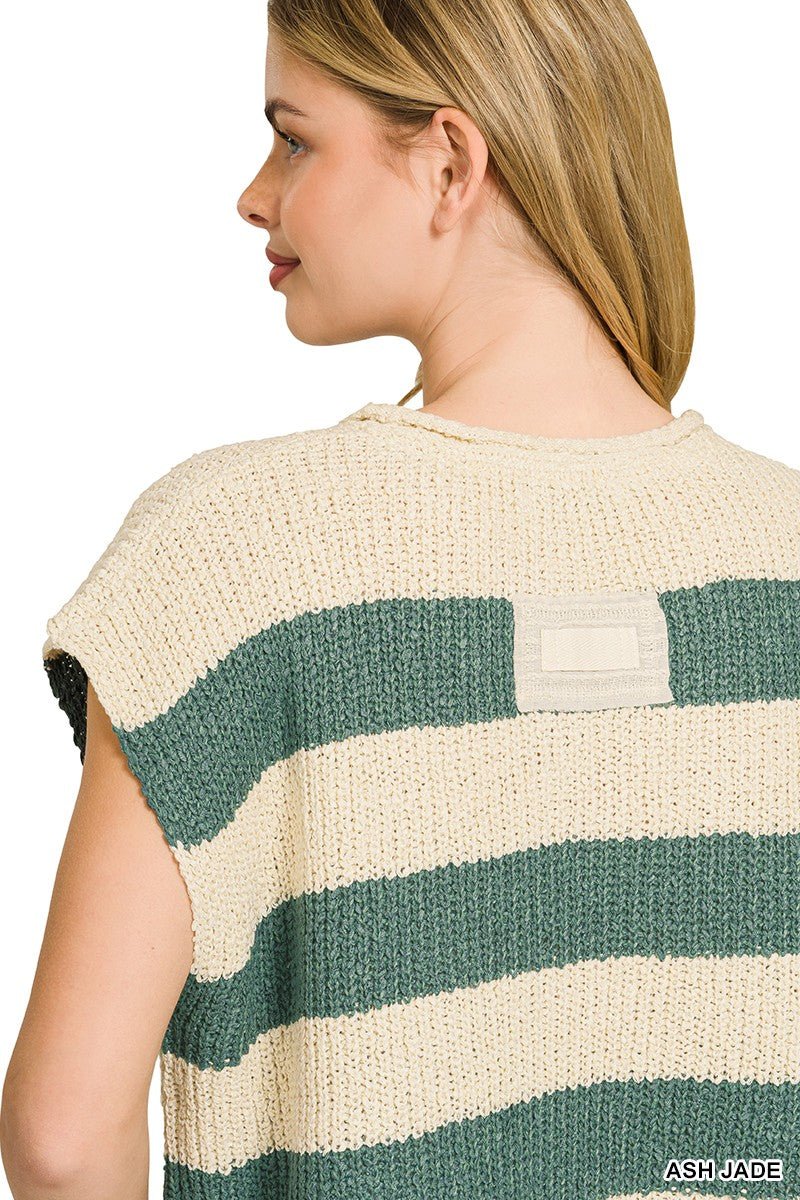 Zenana Split Neck Stripe Sleevless Sweater - Bitsy Gypsy Boutique