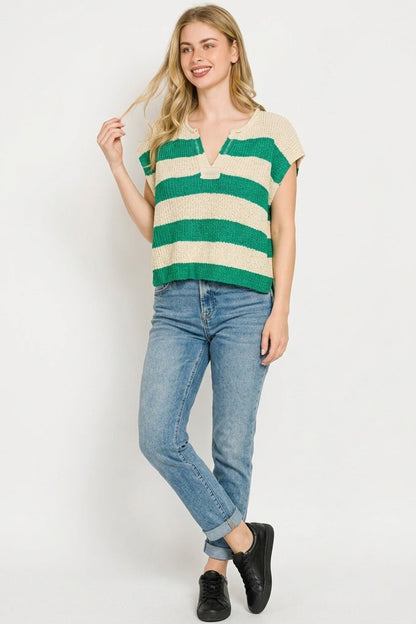 Zenana Split Neck Stripe Sleevless Sweater - Bitsy Gypsy Boutique