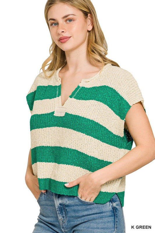 Zenana Split Neck Stripe Sleevless Sweater - Bitsy Gypsy Boutique