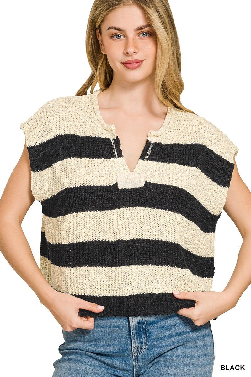 Zenana Split Neck Stripe Sleevless Sweater - Bitsy Gypsy Boutique