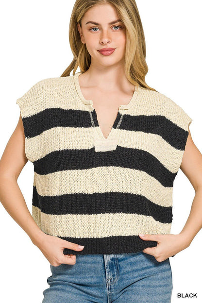 Zenana Split Neck Stripe Sleevless Sweater - Bitsy Gypsy Boutique