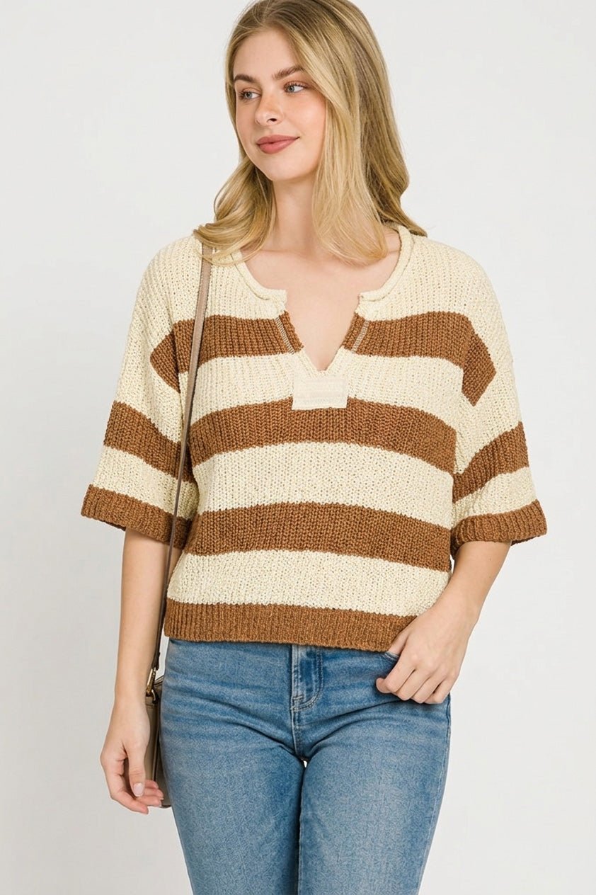Zenana Split Neck Stripe Sweater - Bitsy Gypsy Boutique