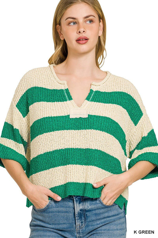 Zenana Split Neck Stripe Sweater - Bitsy Gypsy Boutique