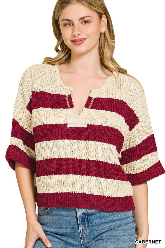 Zenana Split Neck Stripe Sweater - Bitsy Gypsy Boutique