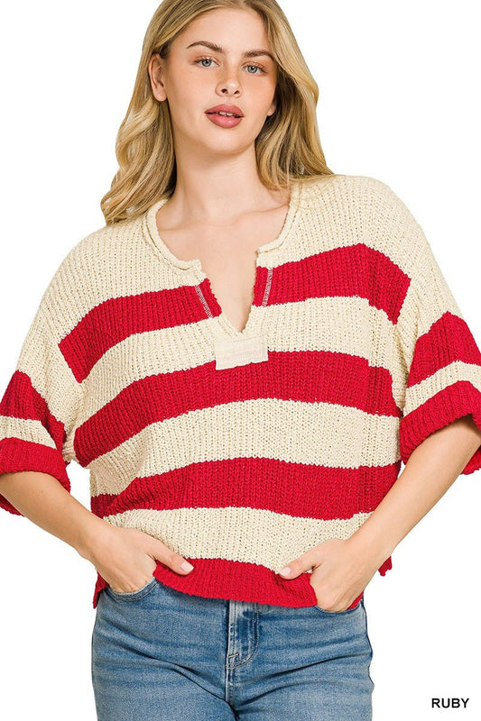 Zenana Split Neck Stripe Sweater - Bitsy Gypsy Boutique