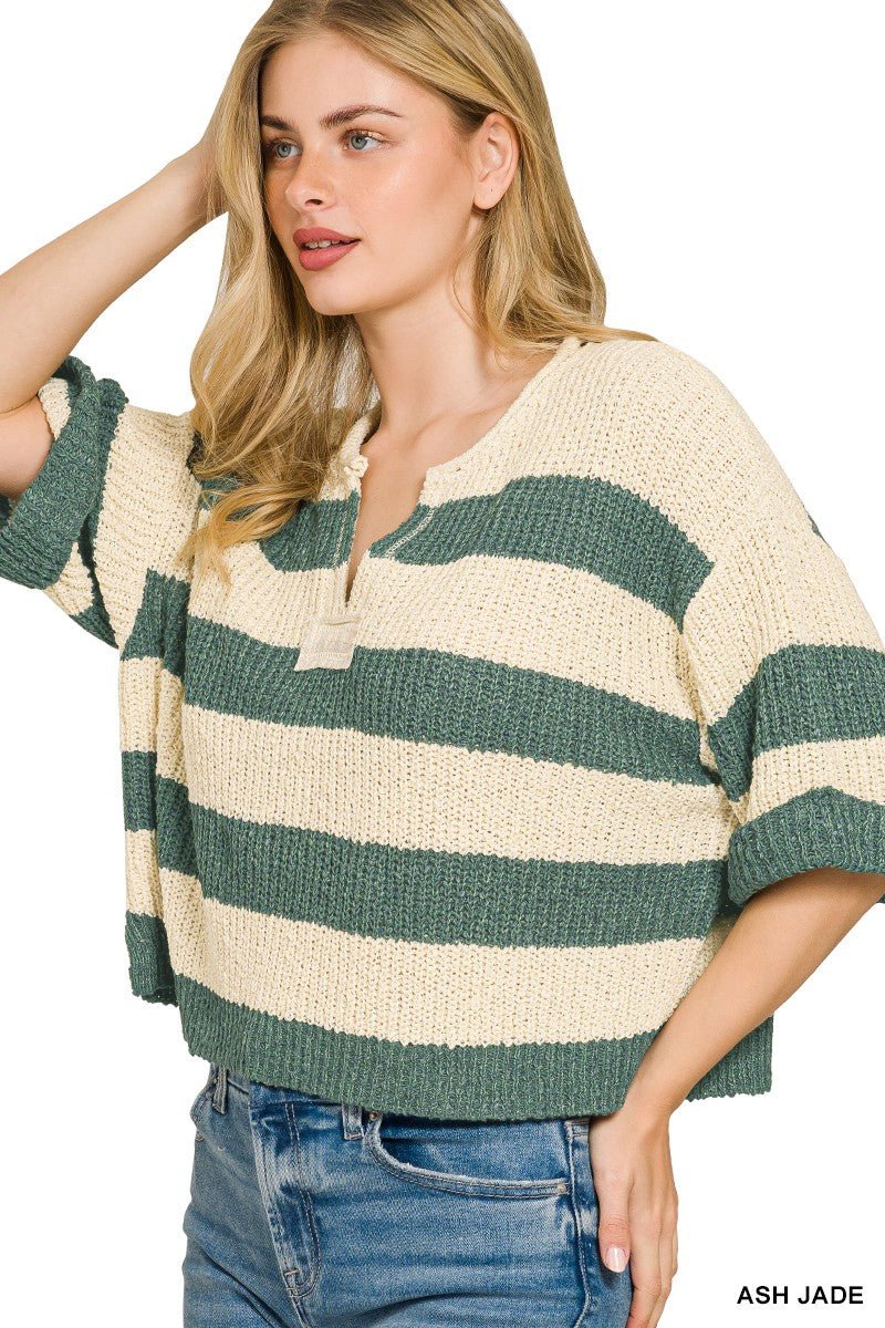 Zenana Split Neck Stripe Sweater - Bitsy Gypsy Boutique