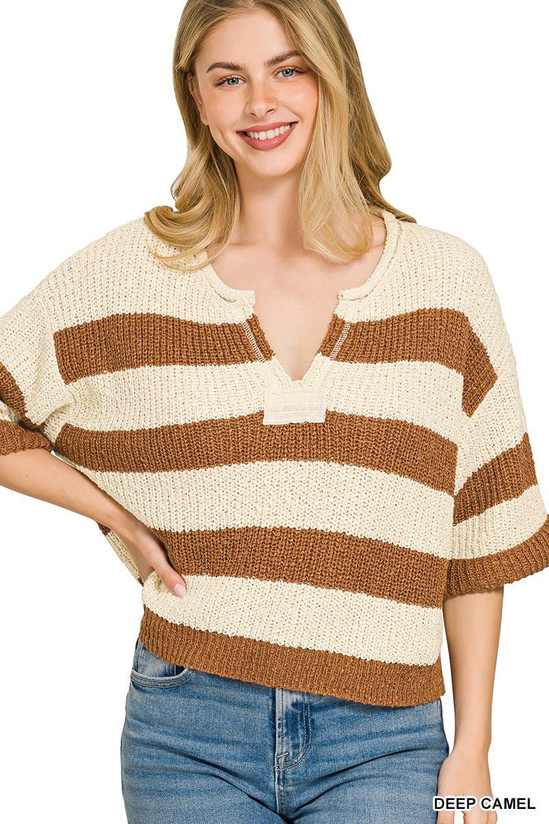 Zenana Split Neck Stripe Sweater - Bitsy Gypsy Boutique