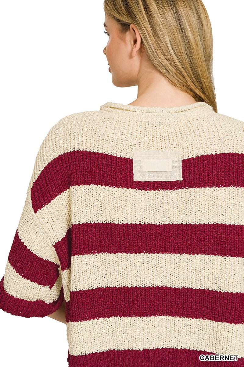Zenana Split Neck Stripe Sweater - Bitsy Gypsy Boutique