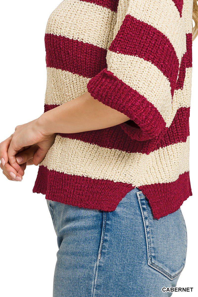 Zenana Split Neck Stripe Sweater - Bitsy Gypsy Boutique