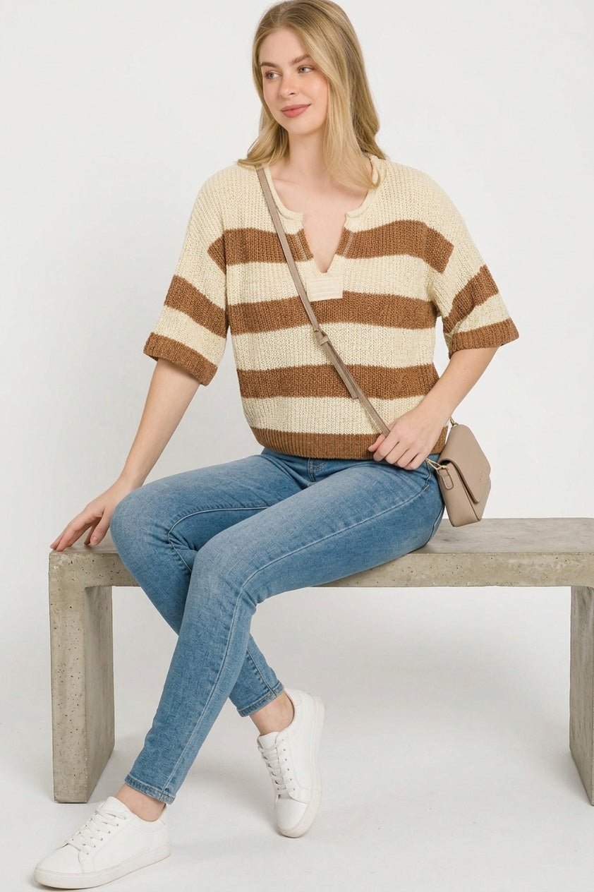 Zenana Split Neck Stripe Sweater - Bitsy Gypsy Boutique