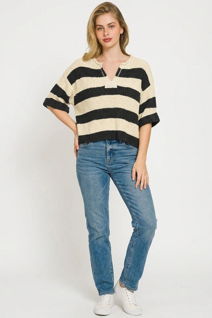 Zenana Split Neck Stripe Sweater - Bitsy Gypsy Boutique