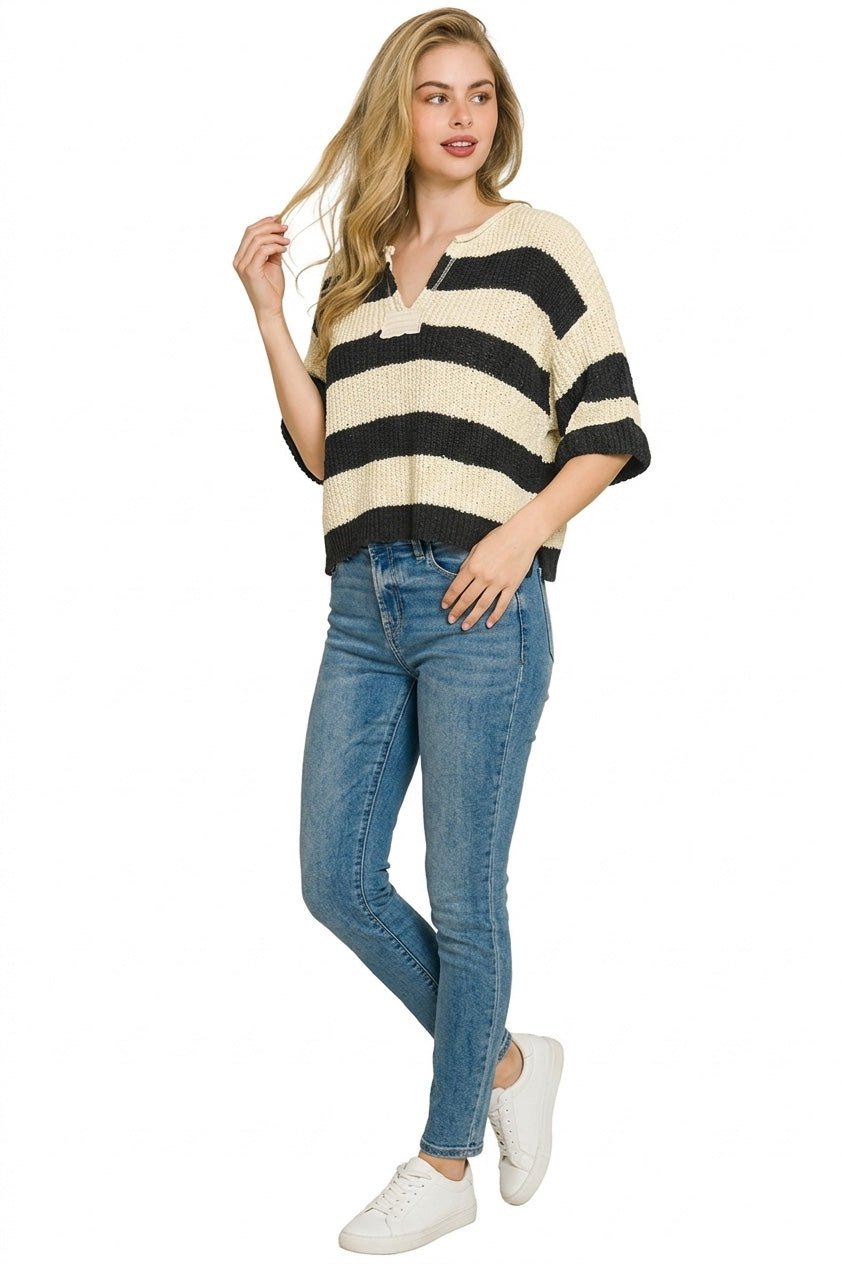 Zenana Split Neck Stripe Sweater - Bitsy Gypsy Boutique
