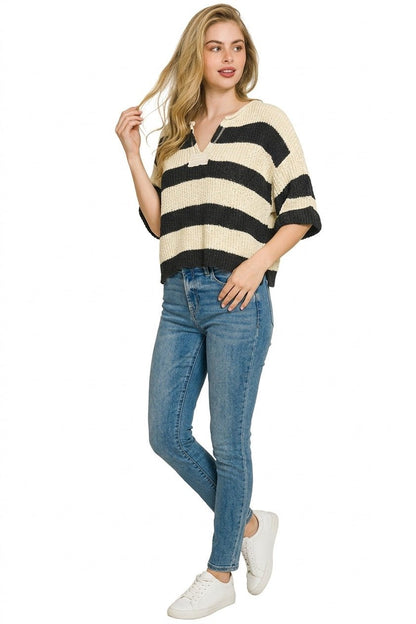Zenana Split Neck Stripe Sweater - Bitsy Gypsy Boutique